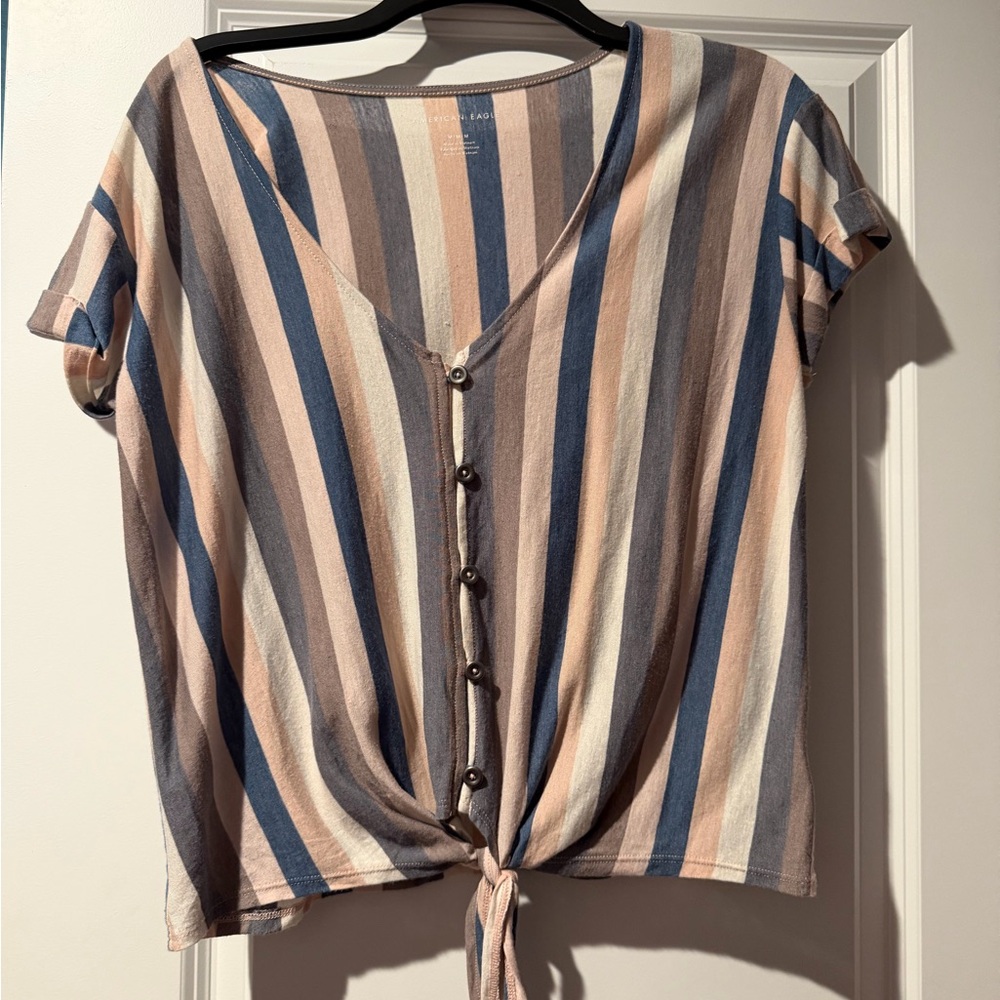 Striped Button-Front Tie Hem Top - Multi-Color